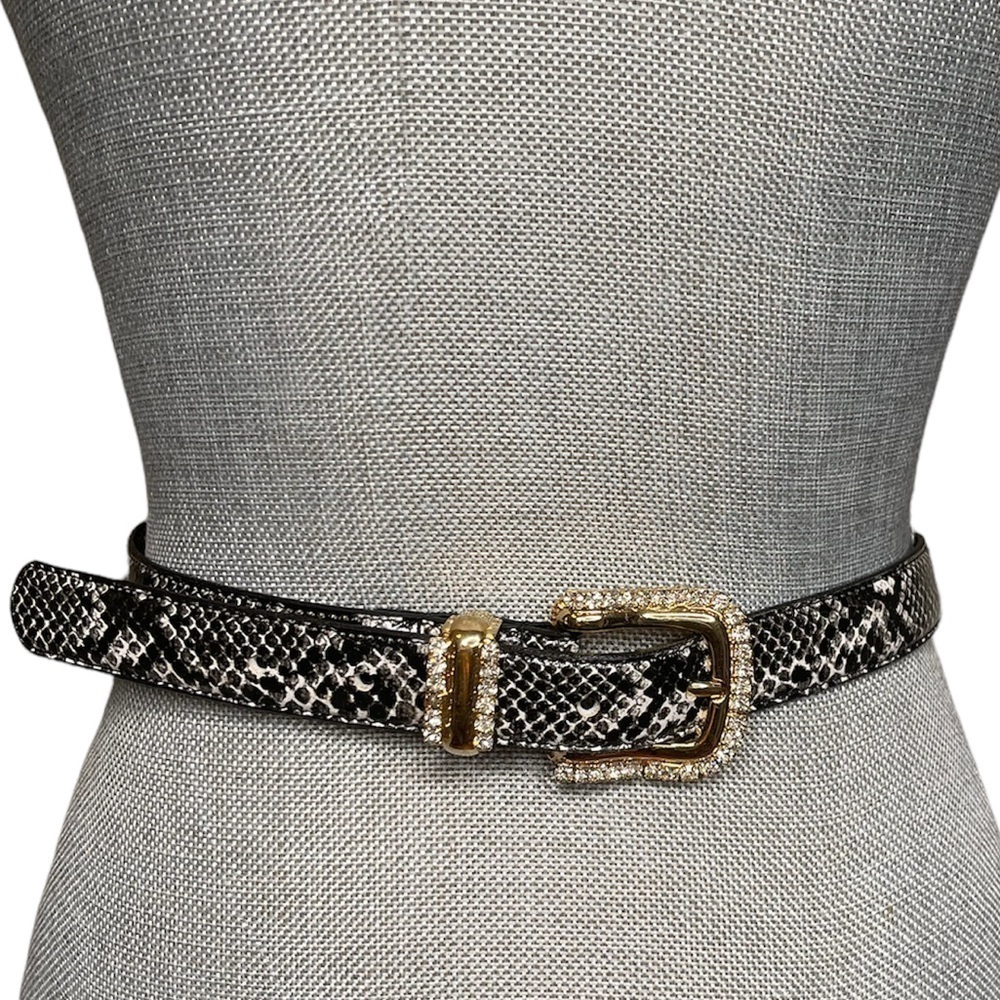 Vintage 80’s 90’s Belt Black White Gold with CZ’s Buckle Size Medium / Large